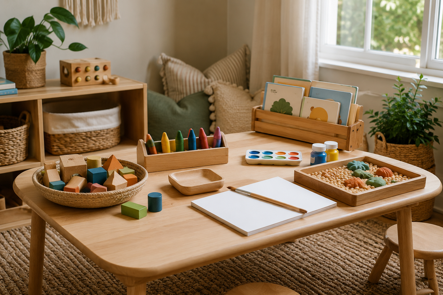 A child-safe activity table with art supplies, books, and wooden blocks