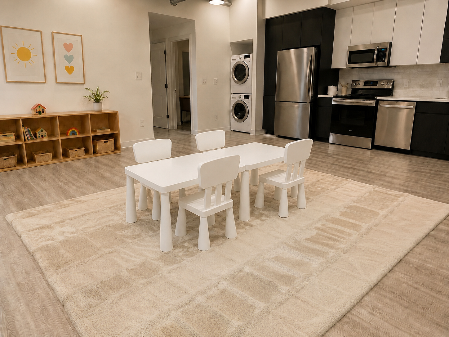 Wonder Bees Daycare space with white child-sized tables and chairs on a cream area rug